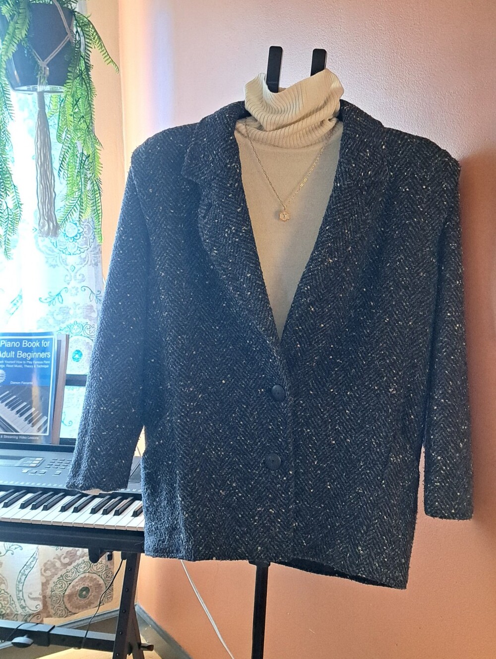 Womens Black Tweed Button-Front Coat